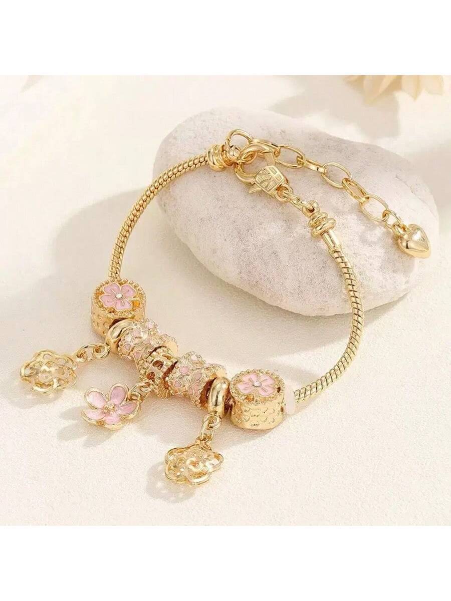 Women's Adjustable Everyday Bracelet With Gold Rhinestone Bow, Heart & Lollipop Beaded Decor