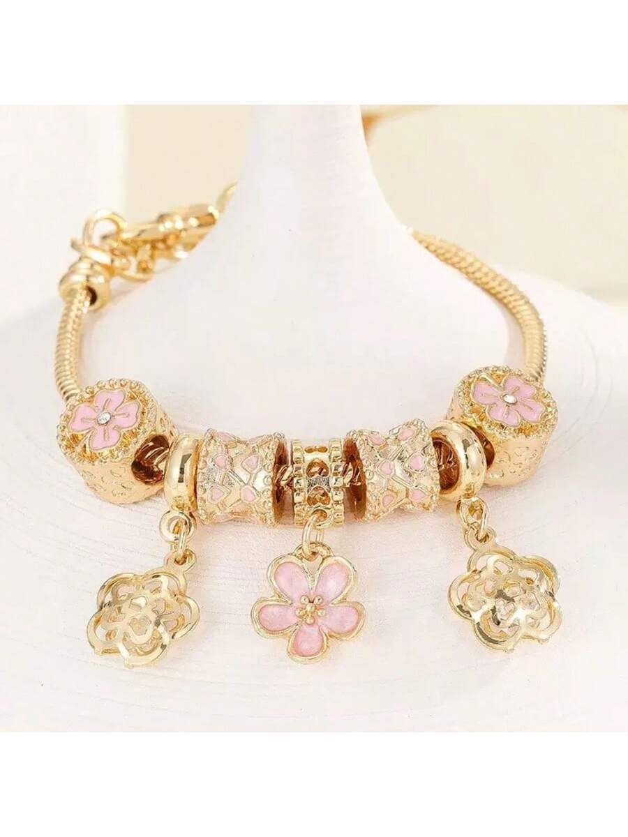 Women's Adjustable Everyday Bracelet With Gold Rhinestone Bow, Heart & Lollipop Beaded Decor