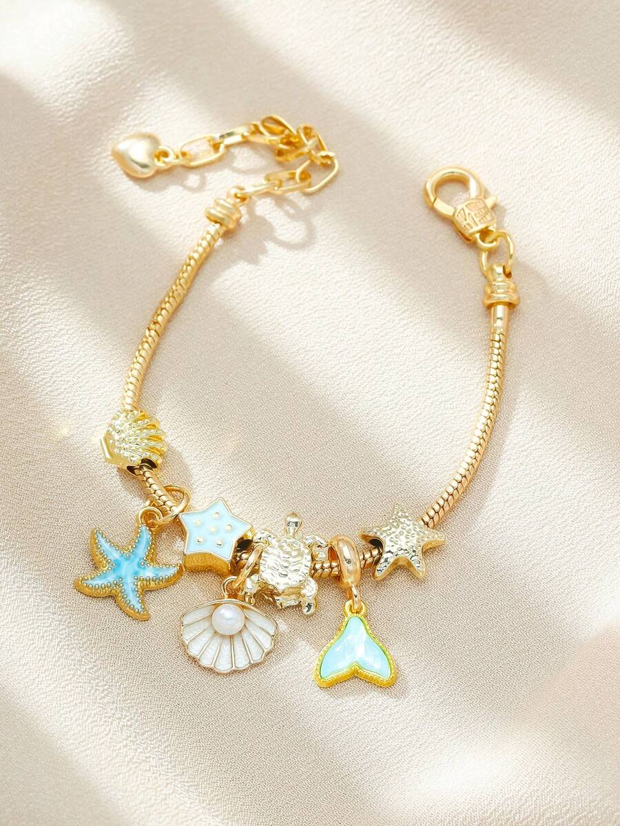 Women's Adjustable Everyday Bracelet With Gold Rhinestone Bow, Heart & Lollipop Beaded Decor