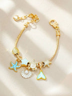 Women's Adjustable Everyday Bracelet With Gold Rhinestone Bow, Heart & Lollipop Beaded Decor