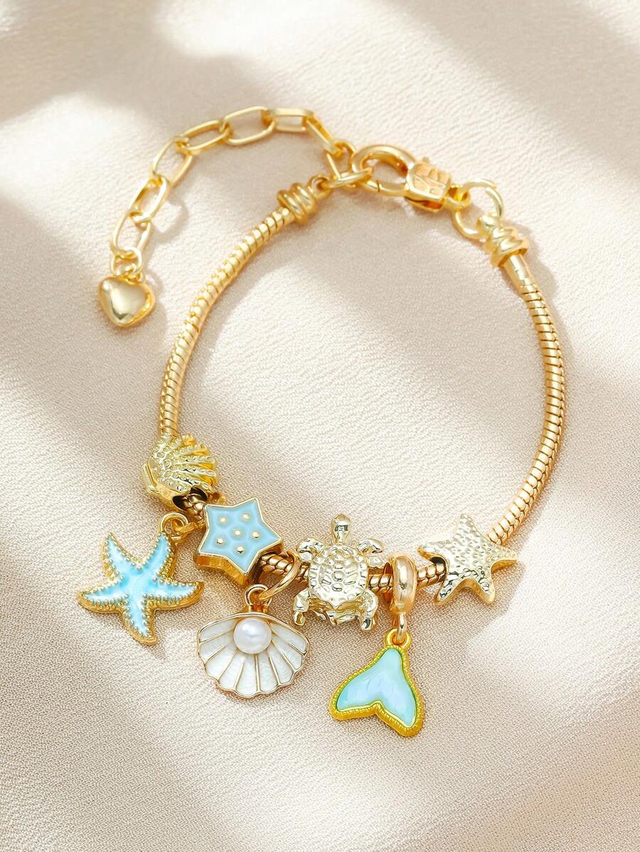 Women's Adjustable Everyday Bracelet With Gold Rhinestone Bow, Heart & Lollipop Beaded Decor