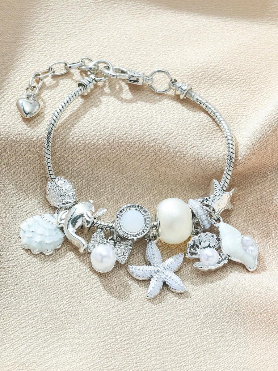 Women's Adjustable Everyday Bracelet With Gold Rhinestone Bow, Heart & Lollipop Beaded Decor
