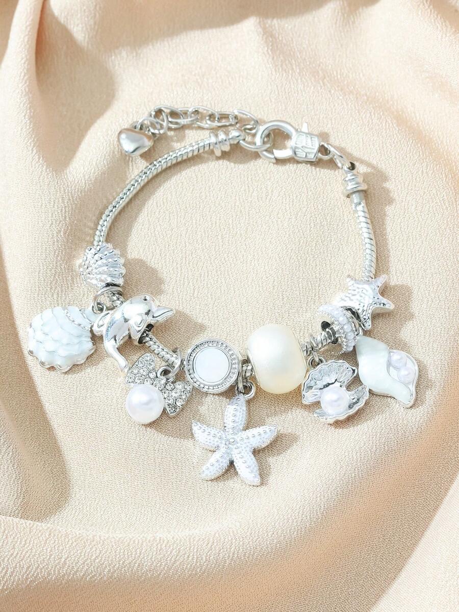 Women's Adjustable Everyday Bracelet With Gold Rhinestone Bow, Heart & Lollipop Beaded Decor