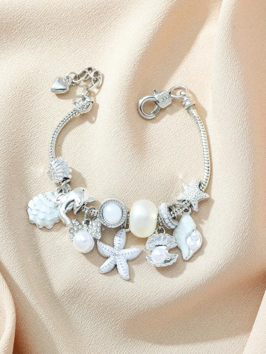 Women's Adjustable Everyday Bracelet With Gold Rhinestone Bow, Heart & Lollipop Beaded Decor