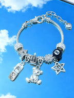 Women's Adjustable Everyday Bracelet With Gold Rhinestone Bow, Heart & Lollipop Beaded Decor