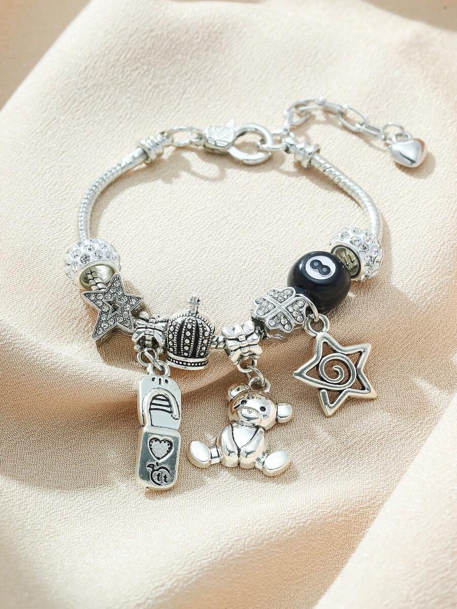 Women's Adjustable Everyday Bracelet With Gold Rhinestone Bow, Heart & Lollipop Beaded Decor