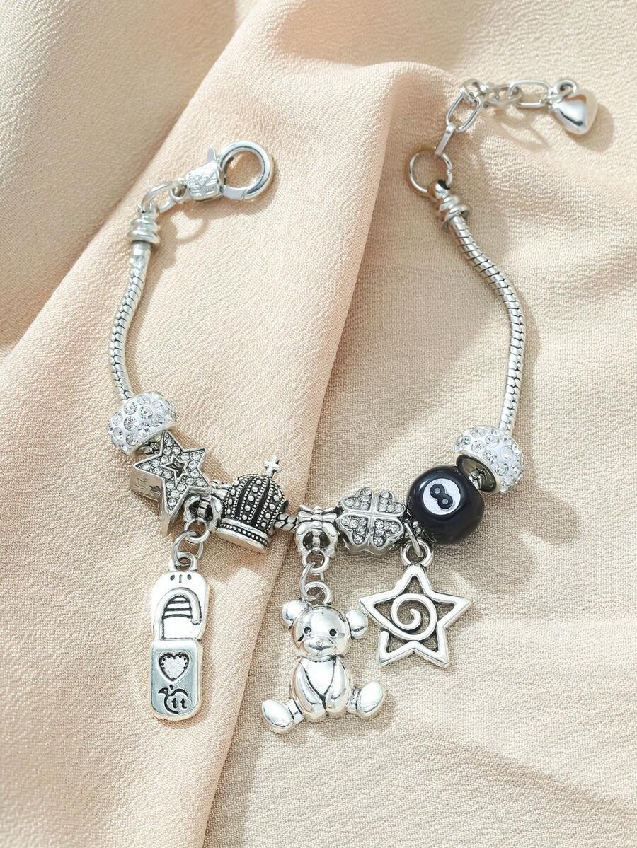 Women's Adjustable Everyday Bracelet With Gold Rhinestone Bow, Heart & Lollipop Beaded Decor