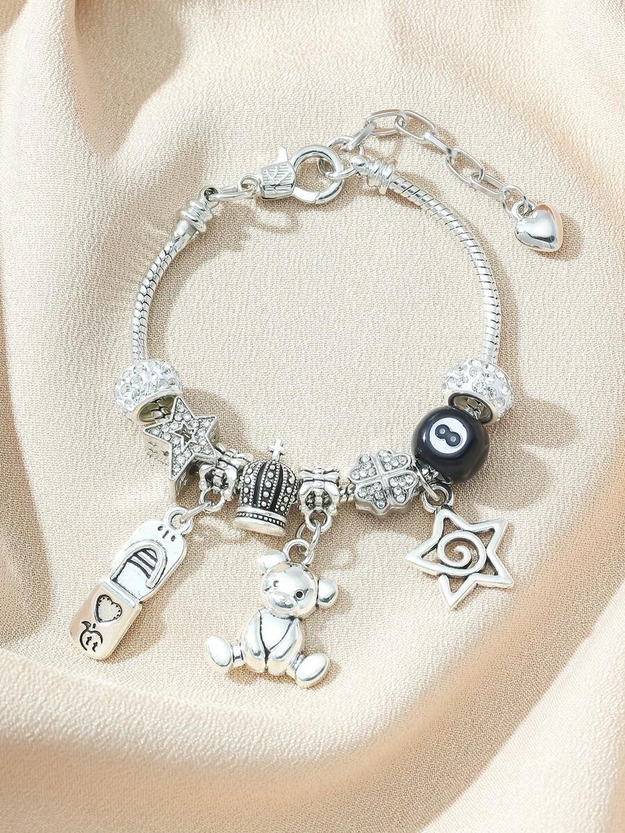 Women's Adjustable Everyday Bracelet With Gold Rhinestone Bow, Heart & Lollipop Beaded Decor