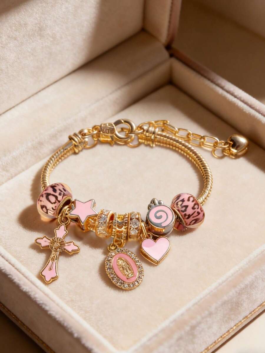 Women's Adjustable Everyday Bracelet With Gold Rhinestone Bow, Heart & Lollipop Beaded Decor