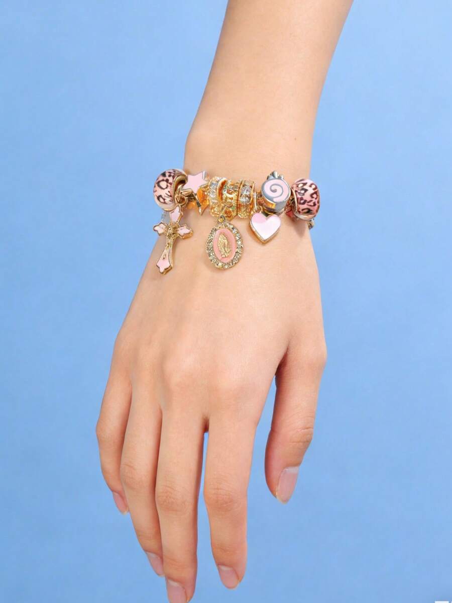 Women's Adjustable Everyday Bracelet With Gold Rhinestone Bow, Heart & Lollipop Beaded Decor
