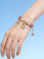 Women's Adjustable Everyday Bracelet With Gold Rhinestone Bow, Heart & Lollipop Beaded Decor