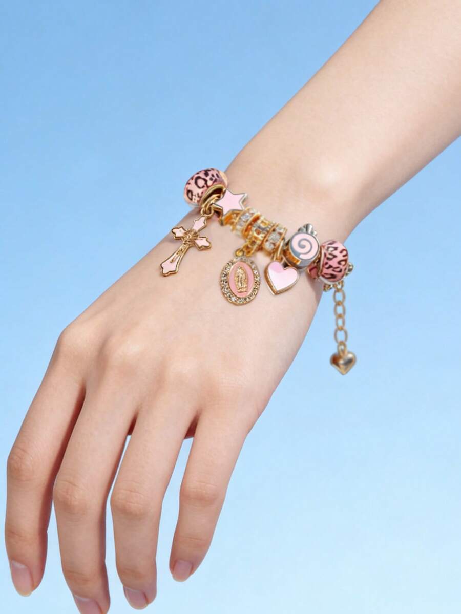 Women's Adjustable Everyday Bracelet With Gold Rhinestone Bow, Heart & Lollipop Beaded Decor