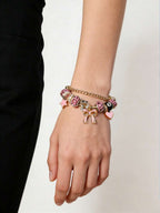 Women's Adjustable Everyday Bracelet With Gold Rhinestone Bow, Heart & Lollipop Beaded Decor