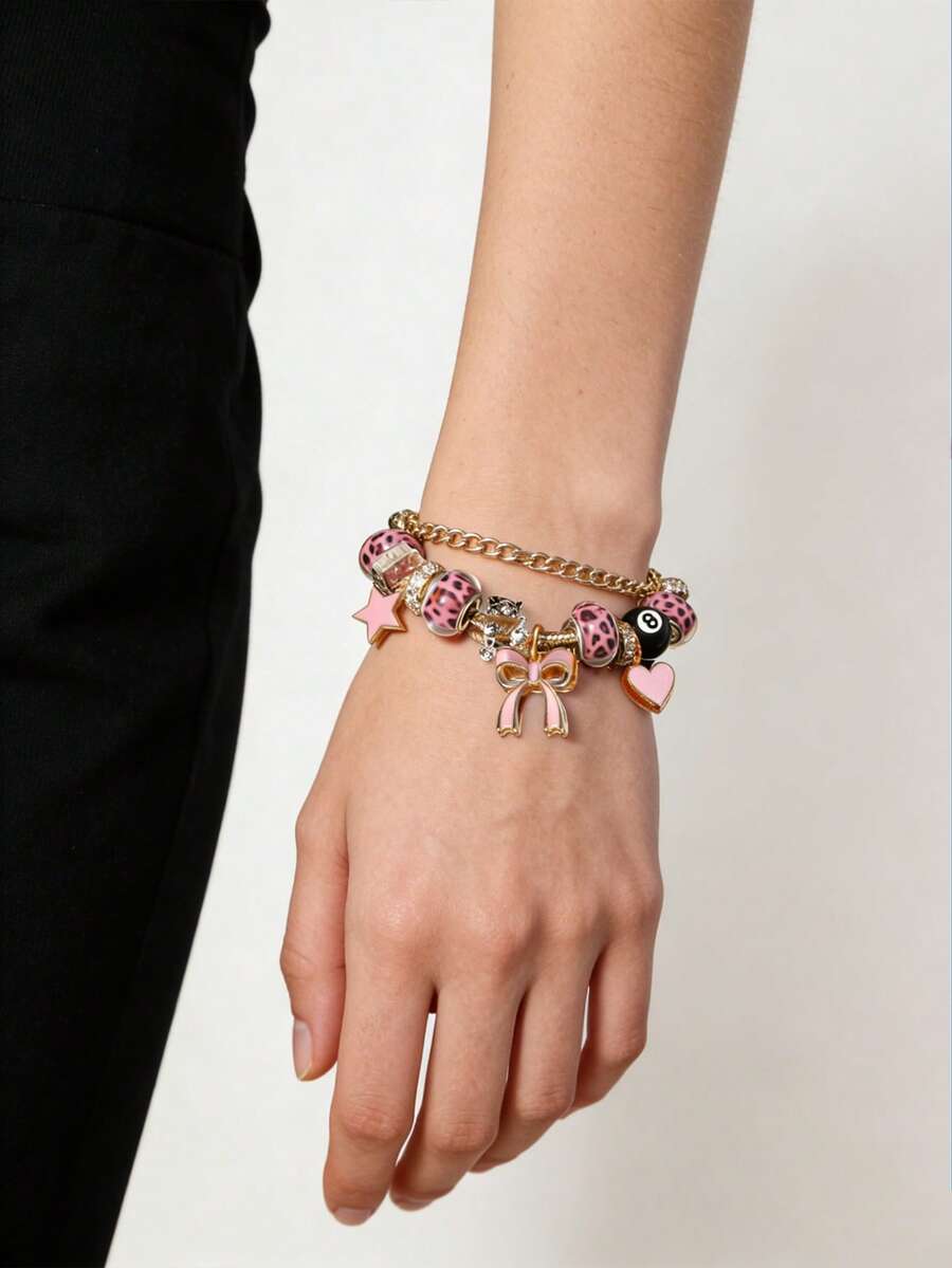 Women's Adjustable Everyday Bracelet With Gold Rhinestone Bow, Heart & Lollipop Beaded Decor
