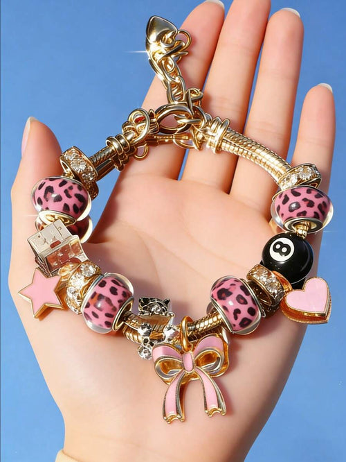 Women's Adjustable Everyday Bracelet With Gold Rhinestone Bow, Heart & Lollipop Beaded Decor
