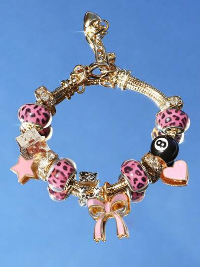 Women's Adjustable Everyday Bracelet With Gold Rhinestone Bow, Heart & Lollipop Beaded Decor
