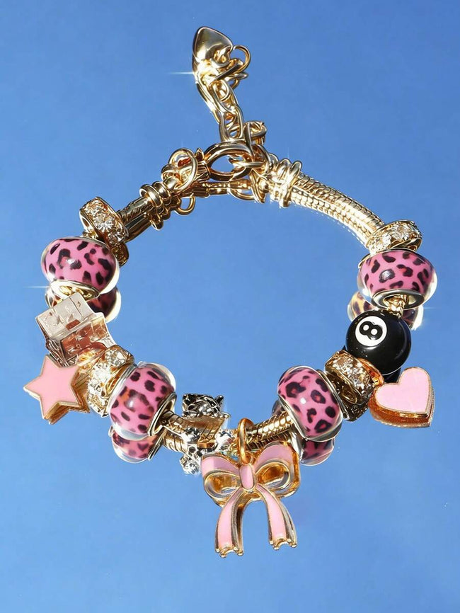 Women's Adjustable Everyday Bracelet With Gold Rhinestone Bow, Heart & Lollipop Beaded Decor Hover Image