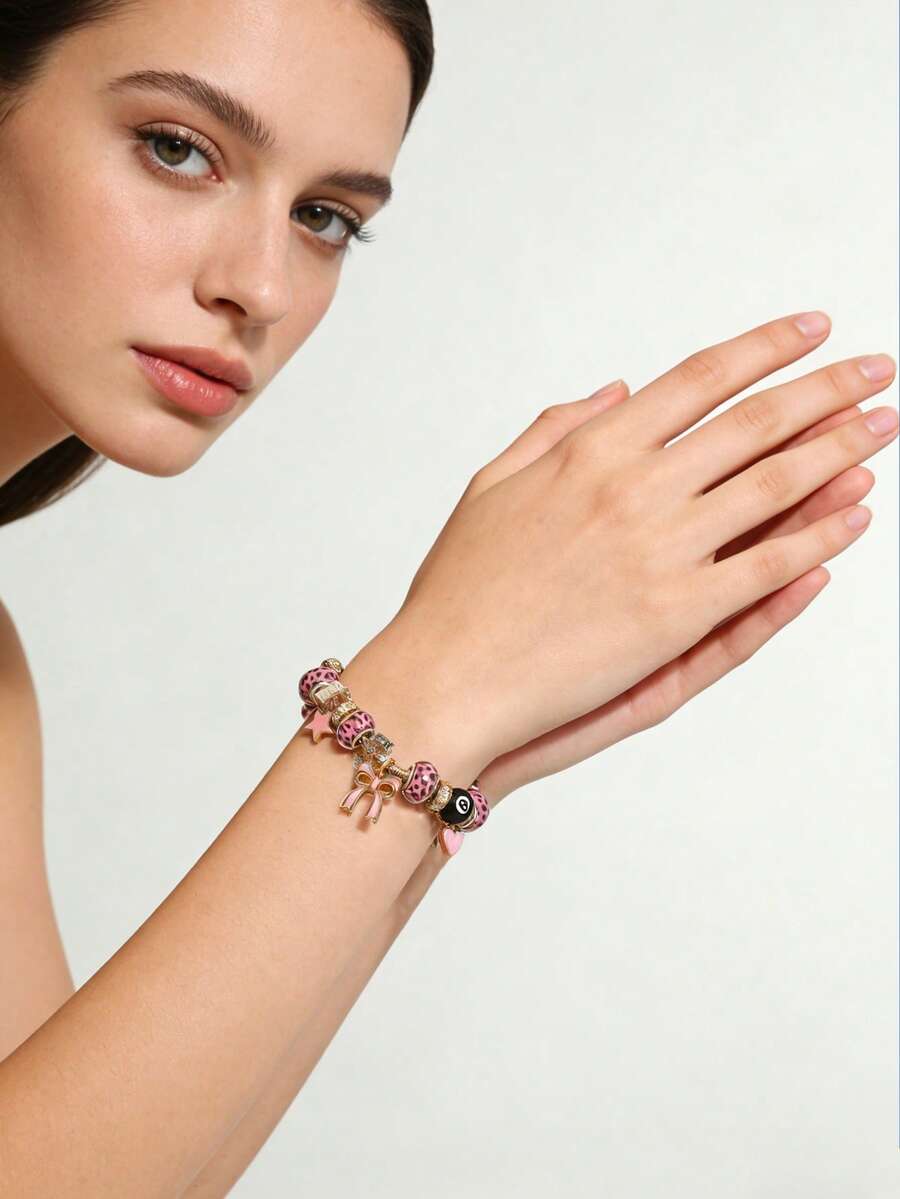 Women's Adjustable Everyday Bracelet With Gold Rhinestone Bow, Heart & Lollipop Beaded Decor