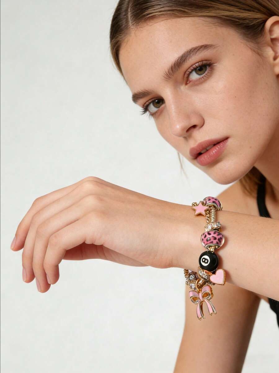 Women's Adjustable Everyday Bracelet With Gold Rhinestone Bow, Heart & Lollipop Beaded Decor