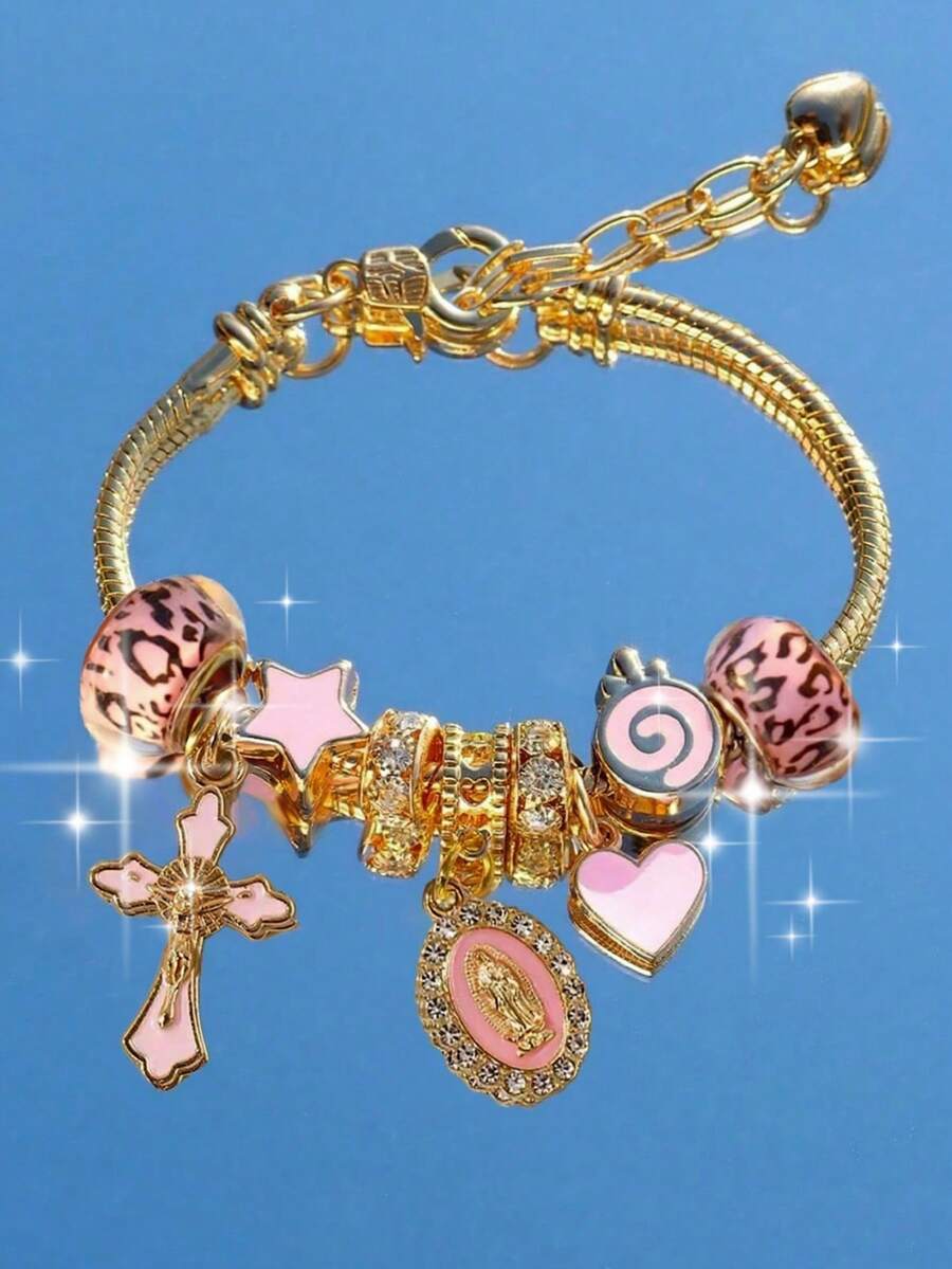 Women's Adjustable Everyday Bracelet With Gold Rhinestone Bow, Heart & Lollipop Beaded Decor