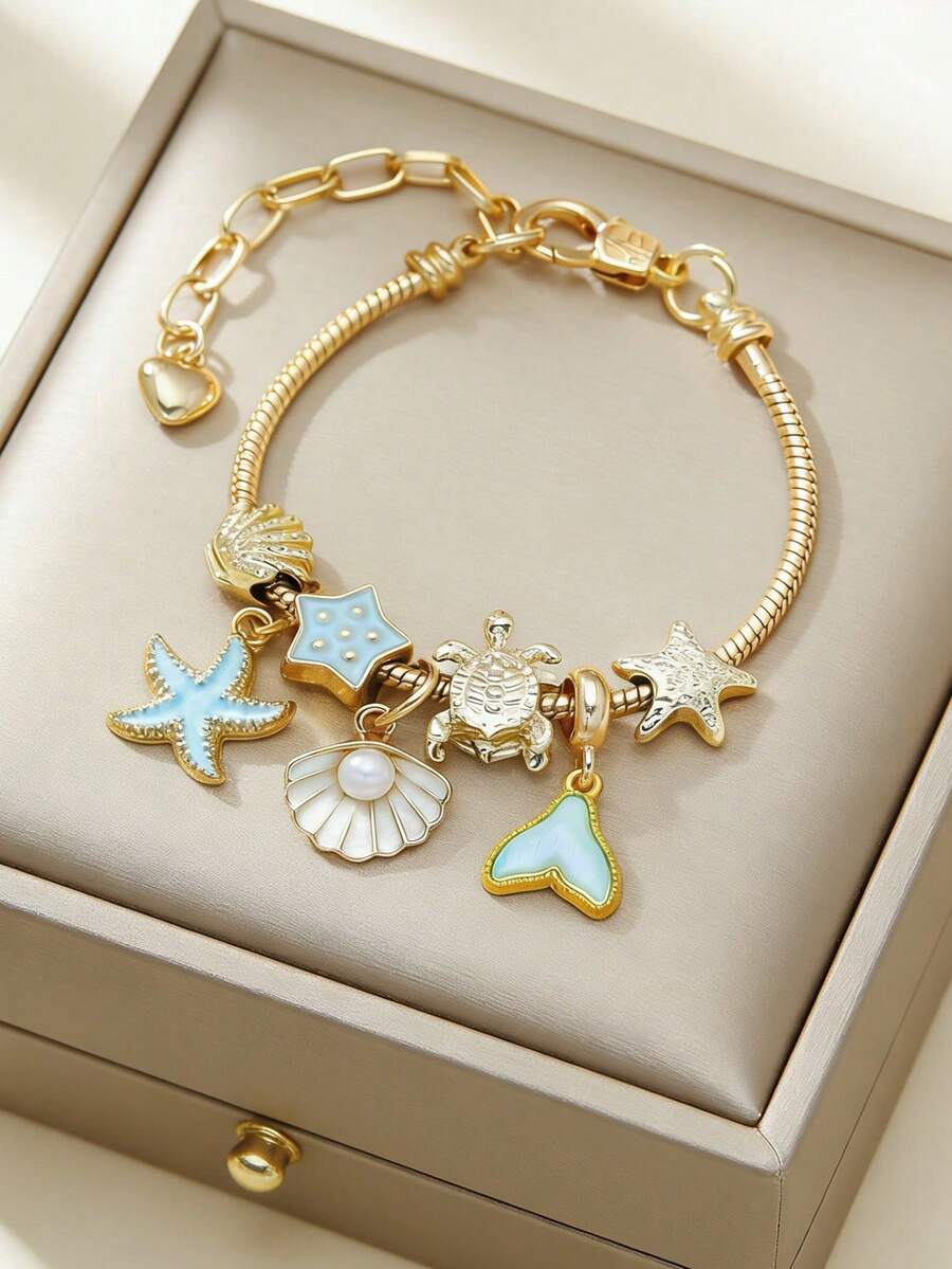 Women's Adjustable Everyday Bracelet With Gold Rhinestone Bow, Heart & Lollipop Beaded Decor