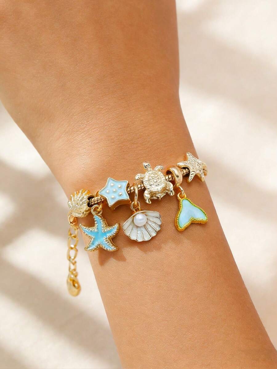 Women's Adjustable Everyday Bracelet With Gold Rhinestone Bow, Heart & Lollipop Beaded Decor