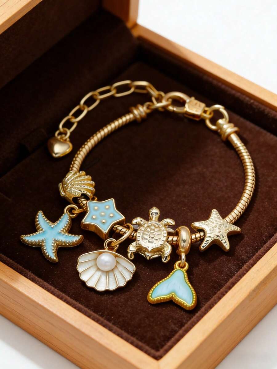 Women's Adjustable Everyday Bracelet With Gold Rhinestone Bow, Heart & Lollipop Beaded Decor