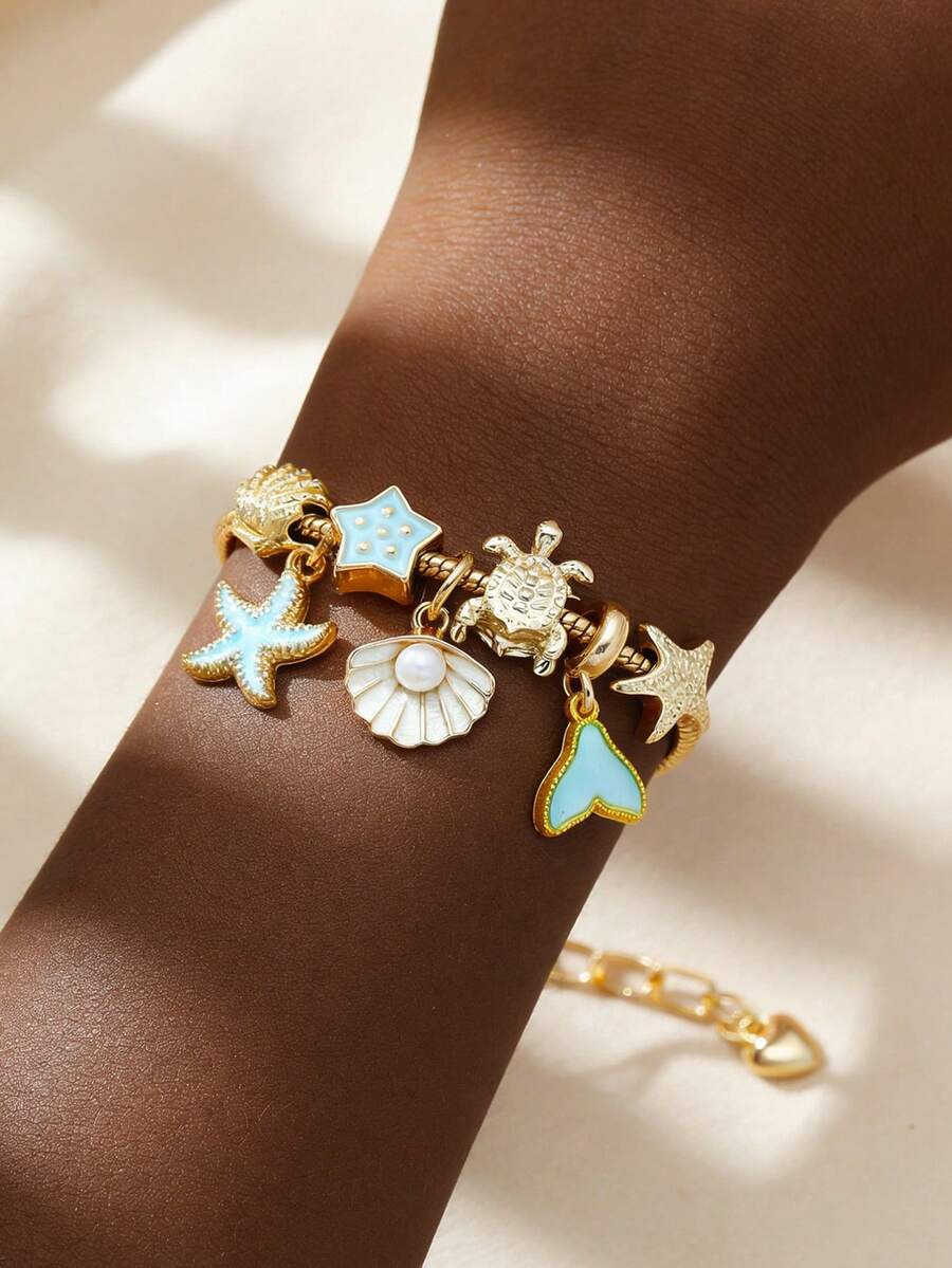 Women's Adjustable Everyday Bracelet With Gold Rhinestone Bow, Heart & Lollipop Beaded Decor
